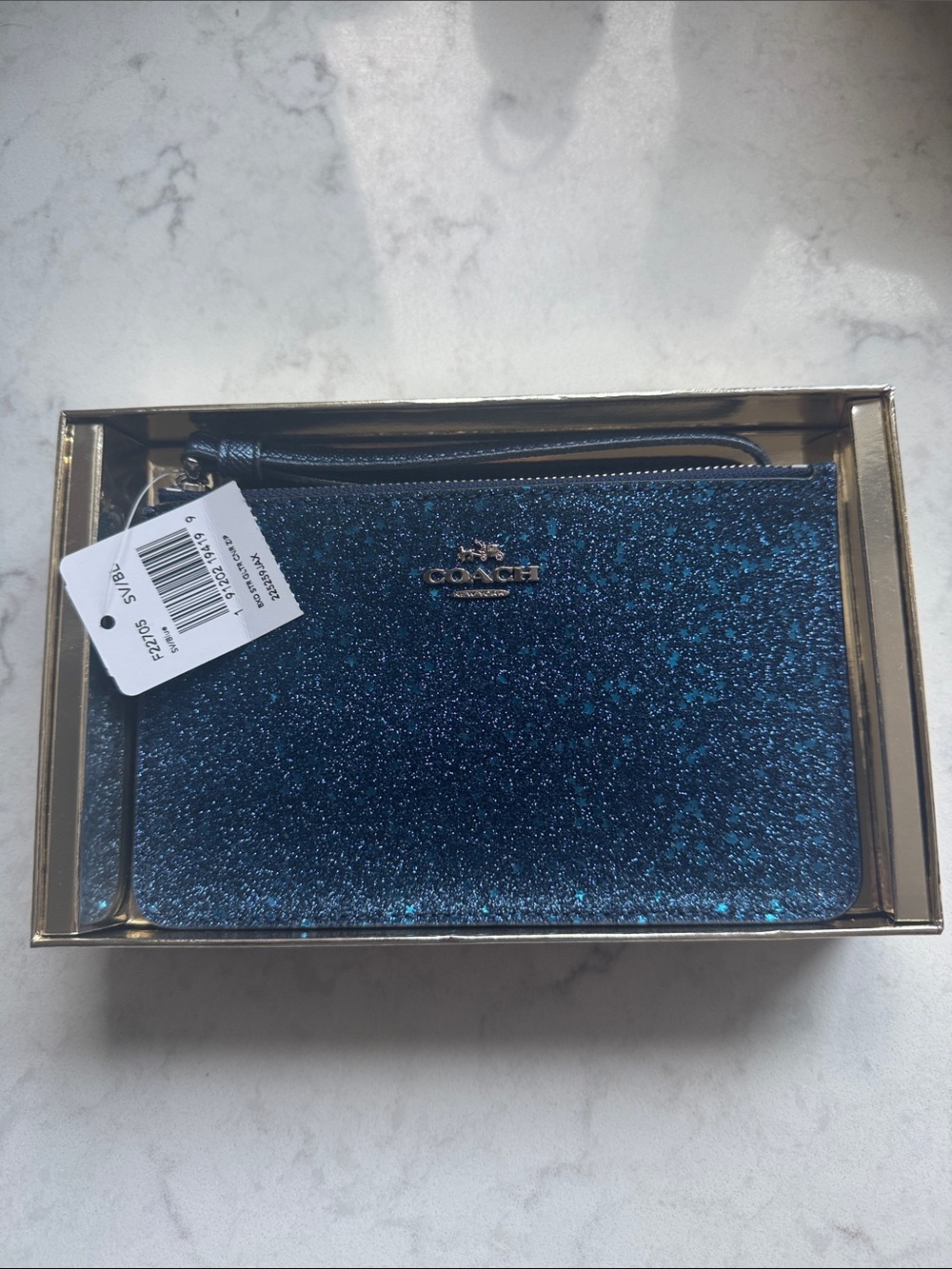 Coach Blue Glitter Corner Zip Wristlet Pouch